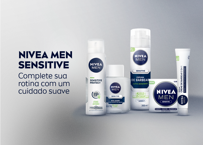 Imagem de diversos produtos NIVEA da linha Sensitive Protect dispostos juntos em um fundo branco.