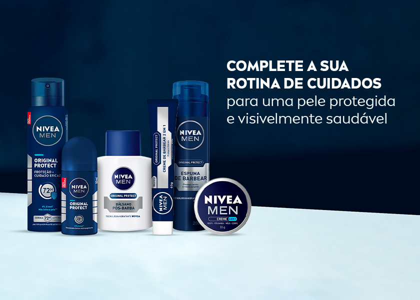 Fundo azul com leve textura. Na base, vários produtos NIVEA MEN alinhados, incluindo desodorantes e cremes. À direita, texto em branco.