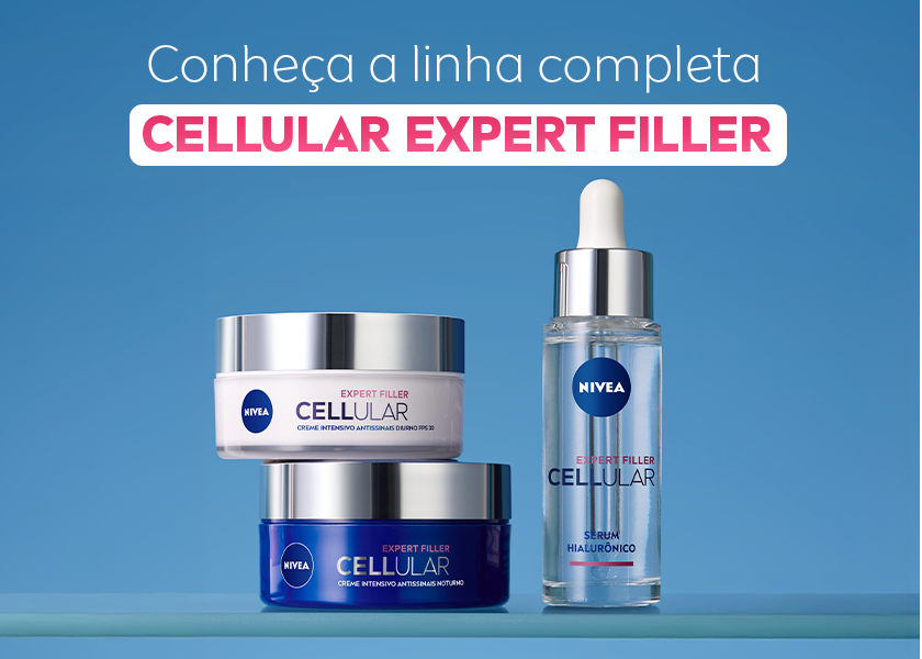 Linha completa NIVEA Cellular Expert Filler com três produtos para cuidados avançados com a pele.