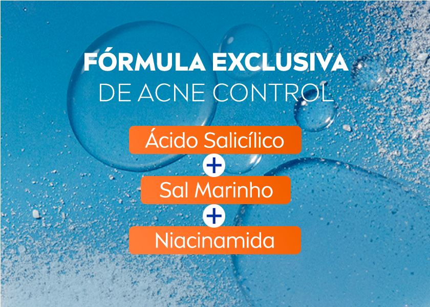 Fundo azul com partículas de água destacando os ingredientes da fórmula Acne Control com símbolos de +.