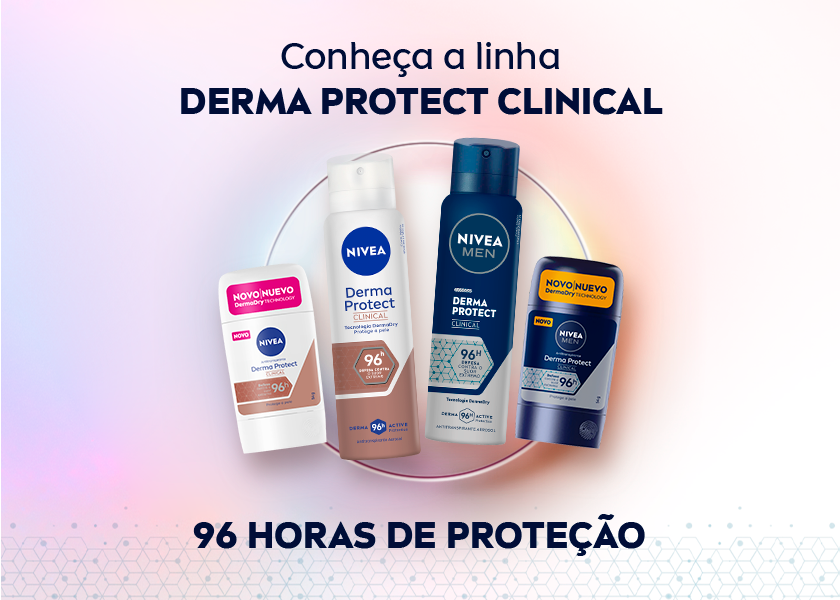 Fundo em tons suaves de rosa, azul, lilás e amarelo, com efeito gradiente. No centro, quatro produtos da linha NIVEA Derma Protect Clinical estão alinhados lado a lado: dois desodorantes em bastão (um branco e um azul) e dois sprays (um branco e um azul escuro).