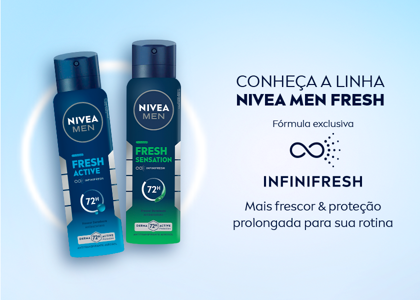 Infinifresh Mais frescor e proteção prolongada para sua rotina Dois desodorantes spray NIVEA MEN Fresh Active e Fresh Sensation em fundo azul claro, dispostos lado a lado. Texto à direita destacando frescor e proteção prolongada.