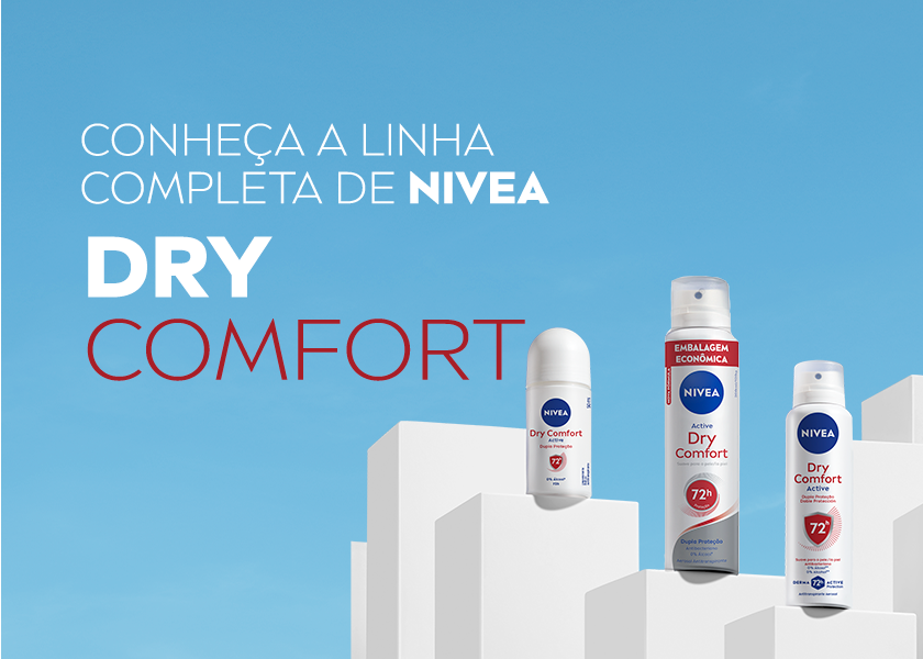 Fundo azul vibrante e blocos brancos em diferentes alturas no canto inferior. Sobre os blocos, estão dois produtos da linha NIVEA Dry Comfo