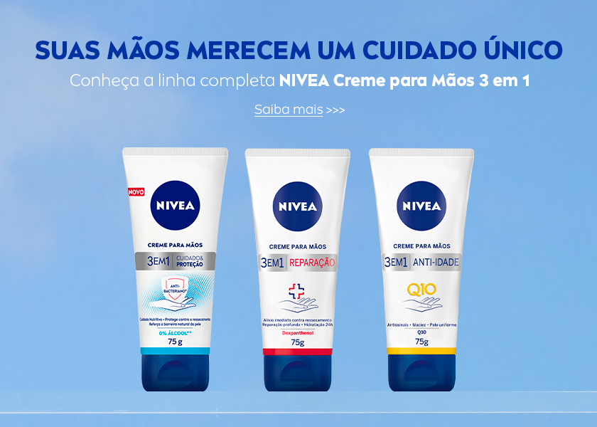 Suas mãos merecem um cuidado único – Conheça a linha completa NIVEA Creme para Mãos 3 em 1. Três versões do creme NIVEA para mãos com diferentes cores e funções, sobre fundo azul claro.