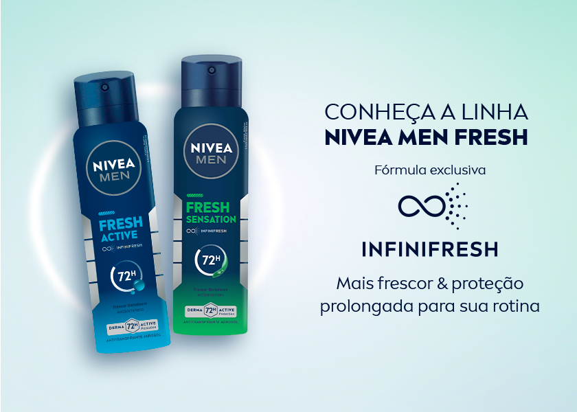 Infinifresh Mais frescor e proteção prolongada para sua rotina Dois desodorantes spray NIVEA MEN Fresh Active e Fresh Sensation em fundo azul claro, dispostos lado a lado. Texto à direita destacando frescor e proteção prolongada.