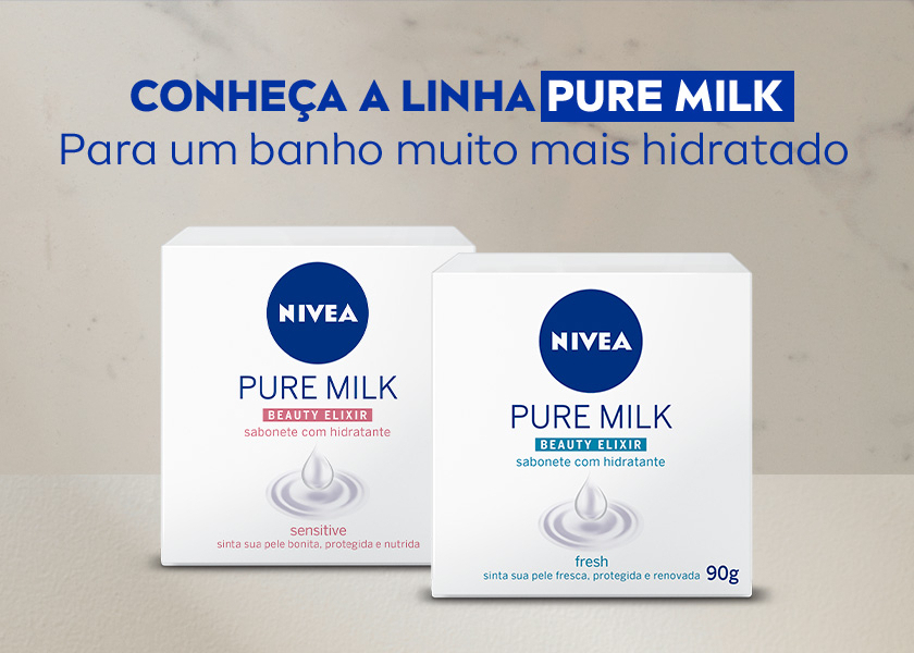 Conheça a linha Pure Milk para um banho muito mais hidratado Imagem de duas embalagens de sabonete NIVEA Pure Milk Beauty Elixir (Sensitive e Fresh) posicionadas lado a lado sobre fundo claro.