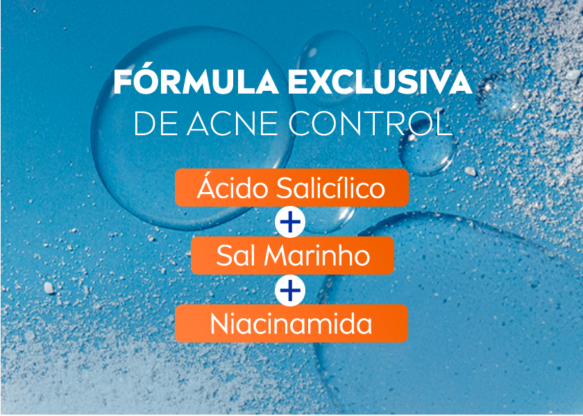 Fundo azul com partículas de água destacando os ingredientes da fórmula Acne Control com símbolos de +.