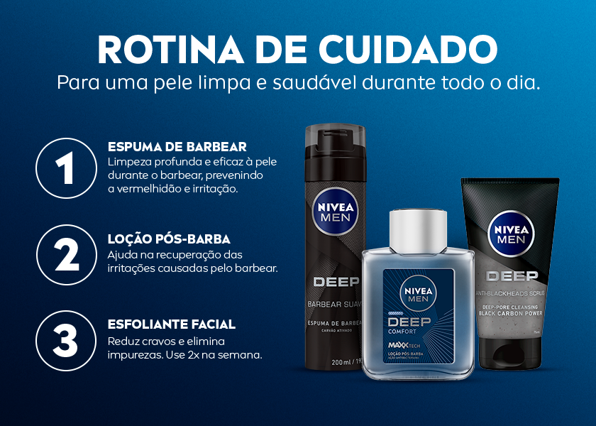 Fundo azul com 3 etapas de rotina de cuidados masculinos com produtos NIVEA MEN Deep. Os três produtos aparecem no lado direito da imagem.