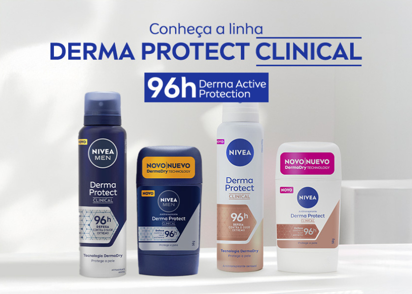 O fundo é neutro e claro. Ao centro, em destaque, aparecem os 4 desodorantes da linha Derma Protect Clinical lado a lado.