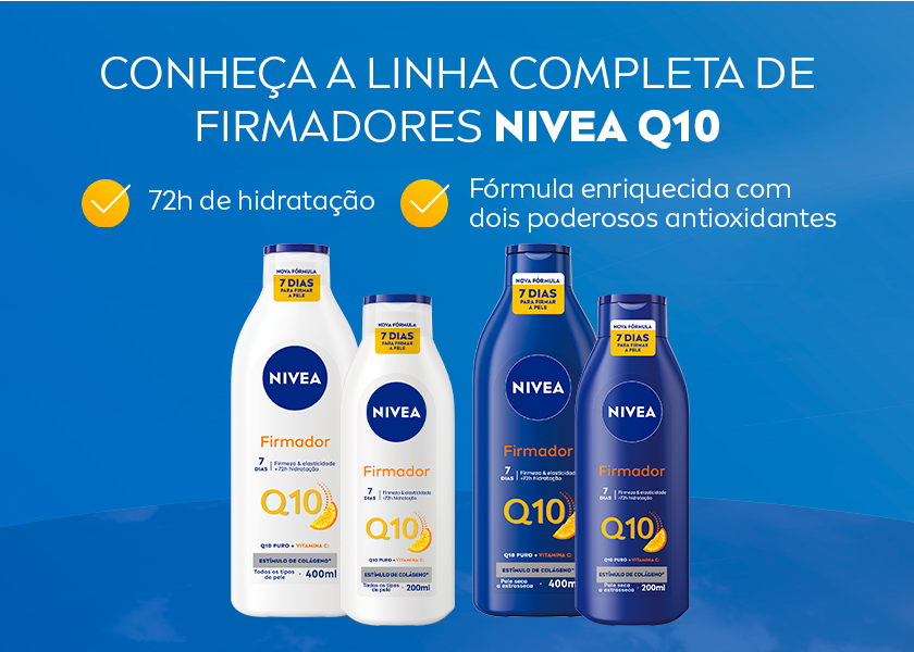 Imagem com fundo azul claro. Ao centro, são apresentados os 4 produtos da linha de firmadores Q10, duas embalagens brancas e duas azuis.