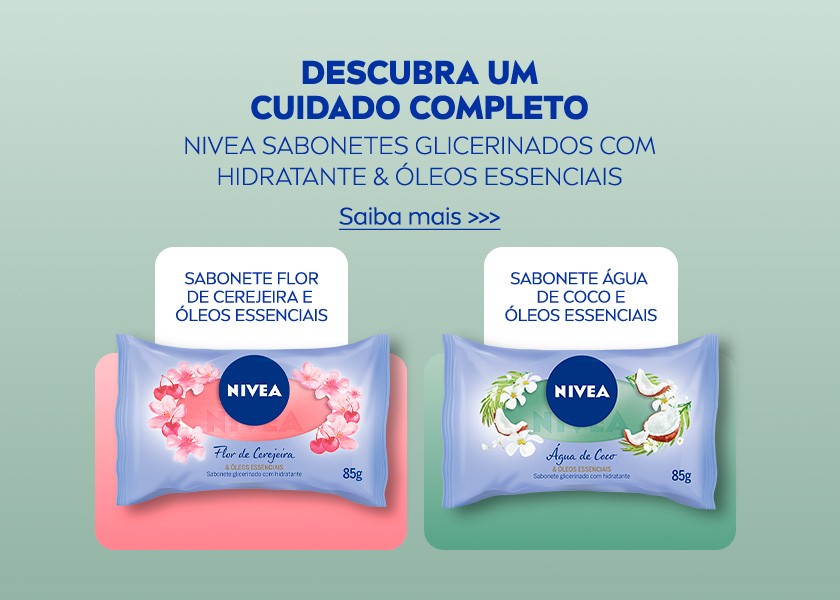 Imagem de dois sabonetes NIVEA em embalagens coloridas (flor de cerejeira e água de coco) sobre fundos em tons de rosa e verde.