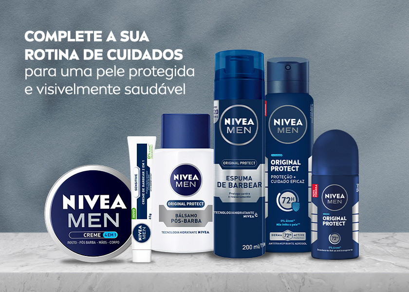 Linha completa de produtos NIVEA MEN dispostos em fileira, incluindo creme, espuma e creme de barbear, desodorantes e bálsamo pós-barba em um fundo cinza e neutro.