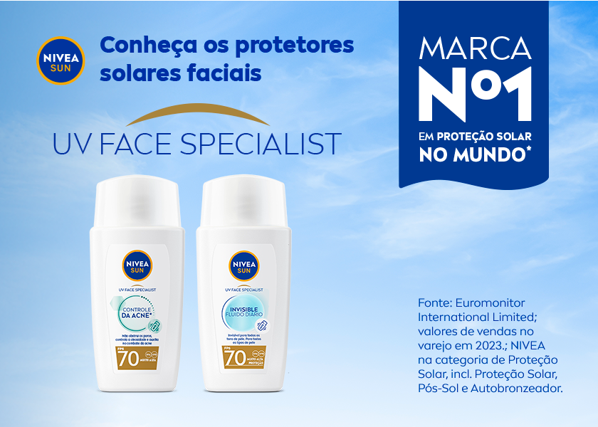 Conheça os protetores solares faciais UV FACE SPECIALIST Marca nº 1 em proteção solar no mundo Fundo azul com duas embalagens do protetor NIVEA UV Face Specialist em destaque. À direita, selo com texto: “Marca nº 1 em proteção solar no mundo”.