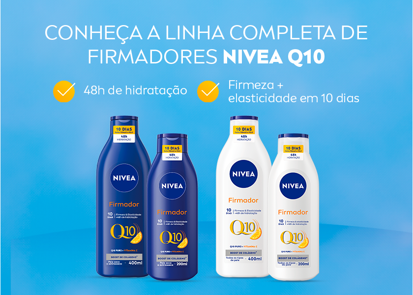 Conheça a linha completa de firmadores NIVEA Q10 48h de hidratação Firmeza + elasticidade em 10 dias Fundo azul claro em degradê. Abaixo do texto, dois ícones circulares amarelos com check. Na parte inferior da imagem, estão alinhados quatro frascos da linha NIVEA Q10 Firmador: dois frascos azul escuro (um de 400ml e um menor de 200ml), dois frascos brancos (um de 400ml e um de 200ml). Todos com tampa azul escura.