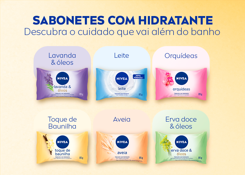 NIVEA SABONETES COM HIDRATANTE Descubra o cuidado que vai além do banho Fundo verde claro. À esquerda, aparece o logo da NIVEA seguido do título em azul escuro “SABONETES COM HIDRATANTE” e do subtítulo “Descubra o cuidado que vai além do banho”. À direita, são apresentados seis sabonetes em barra da NIVEA, organizados em duas fileiras. Cada embalagem é colorida conforme o ingrediente principal: Roxo: Lavanda & óleos; Azul: Leite; Rosa: Orquídeas; Amarelo: Toque de Baunilha; Laranja: Aveia; Verde: Erva doce & óleos