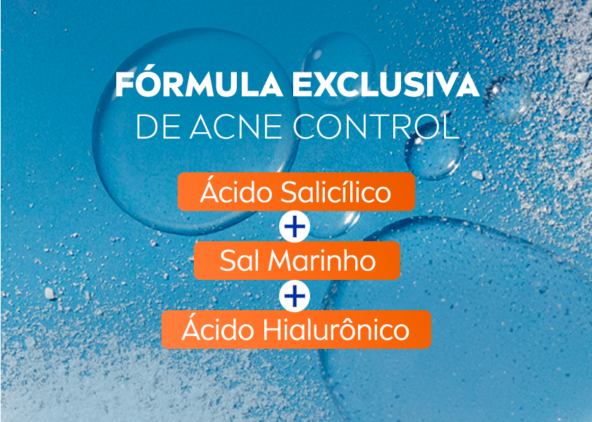 Fundo azul com partículas de água destacando os ingredientes da fórmula Acne Control com símbolos de +.