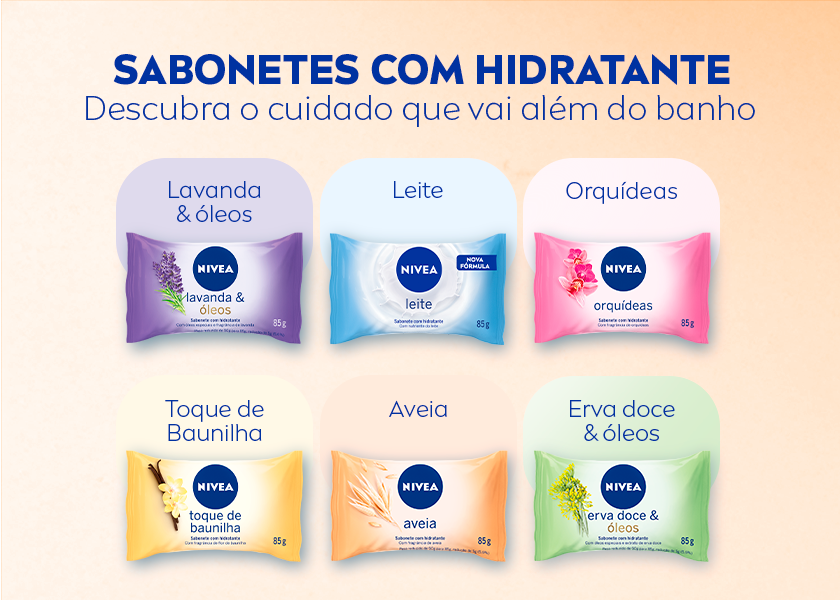 NIVEA SABONETES COM HIDRATANTE Descubra o cuidado que vai além do banho O fundo está em degradê em tons de salmão. À esquerda, aparece o logo da NIVEA seguido do título em azul escuro “SABONETES COM HIDRATANTE” e do subtítulo “Descubra o cuidado que vai além do banho”. À direita, são apresentados seis sabonetes em barra da NIVEA, organizados em duas fileiras. Cada embalagem é colorida conforme o ingrediente principal: Roxo: Lavanda & óleos; Azul: Leite; Rosa: Orquídeas; Amarelo: Toque de Baunilha; Laranja: Aveia; Verde: Erva doce & óleos