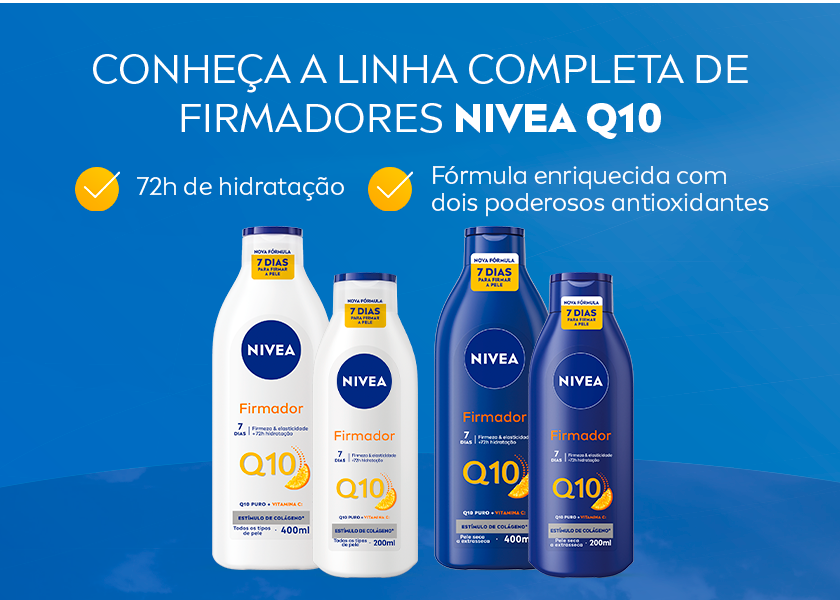 Imagem com fundo azul claro. Ao centro, são apresentados os 4 produtos da linha de firmadores Q10, duas embalagens brancas e duas azuis.