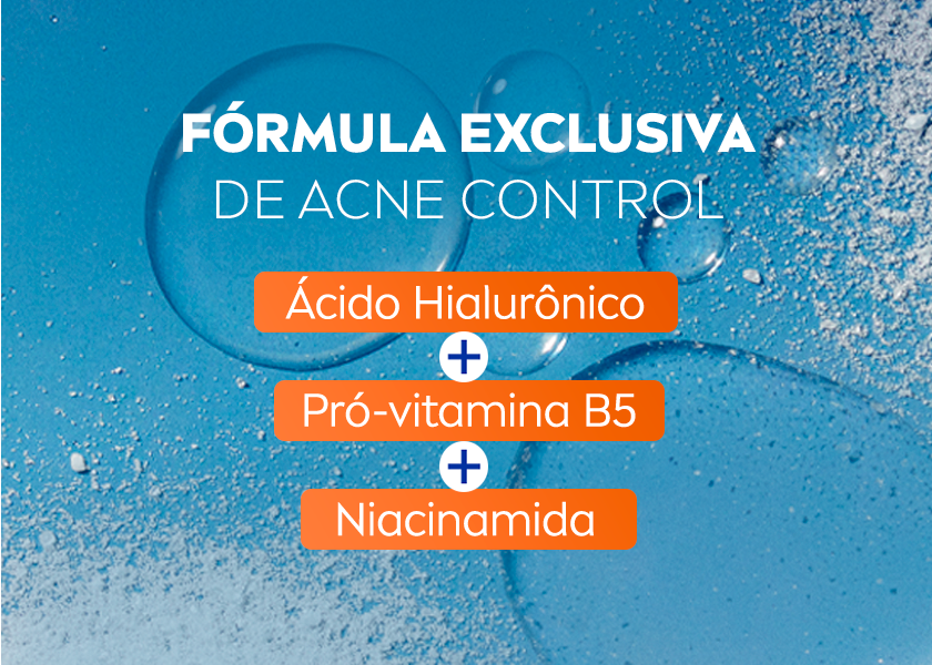 Fundo azul com partículas de água destacando os ingredientes da fórmula Acne Control com símbolos de +.