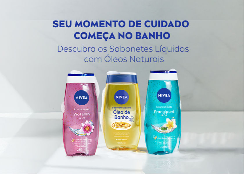 A imagem apresenta um fundo neutro. No centro, são posicionados os três sabonetes líquidos NIVEA: Waterlily & Oil, Óleo de Banho e Frangipani & Oil.