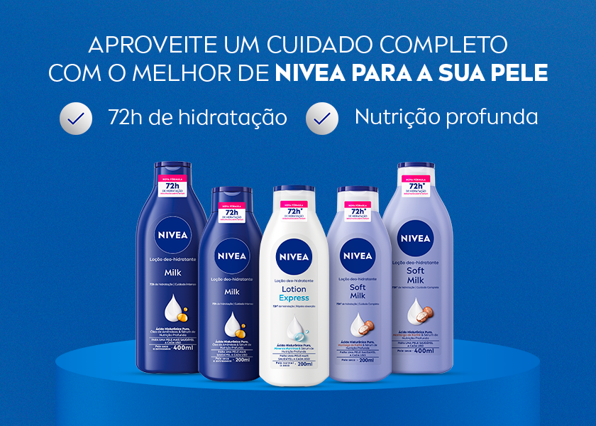 Linha completa de loções hidratantes NIVEA sobre fundo azul, com ícones destacando os benefícios.