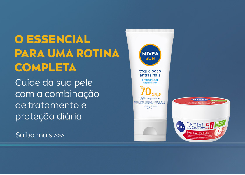 O ESSENCIAL PARA UMA ROTINA COMPLETA - Cuide da sua pele com a combinação de tratamento e proteção diária Saiba mais >>> A imagem possui fundo azul. Ao lado direito, em destaque lado a lado, estão o protetor solar e o creme facial.