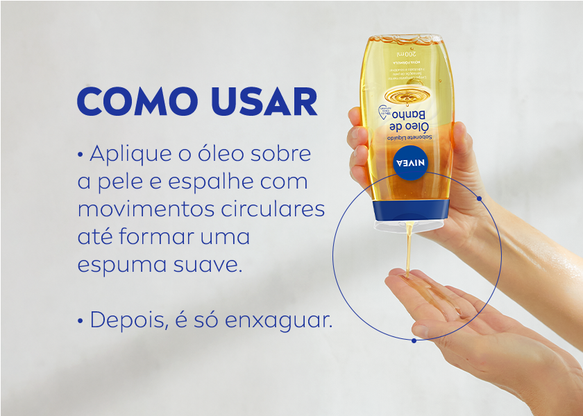 Uma mão segura um frasco de sabonete líquido óleo de banho NIVEA, com o produto sendo despejado na palma da outra mão. Ao lado, há instruções de uso escritas em azul sobre fundo branco. Seguidas por um círculo azul, que possui duas bolinhas selecionadas.