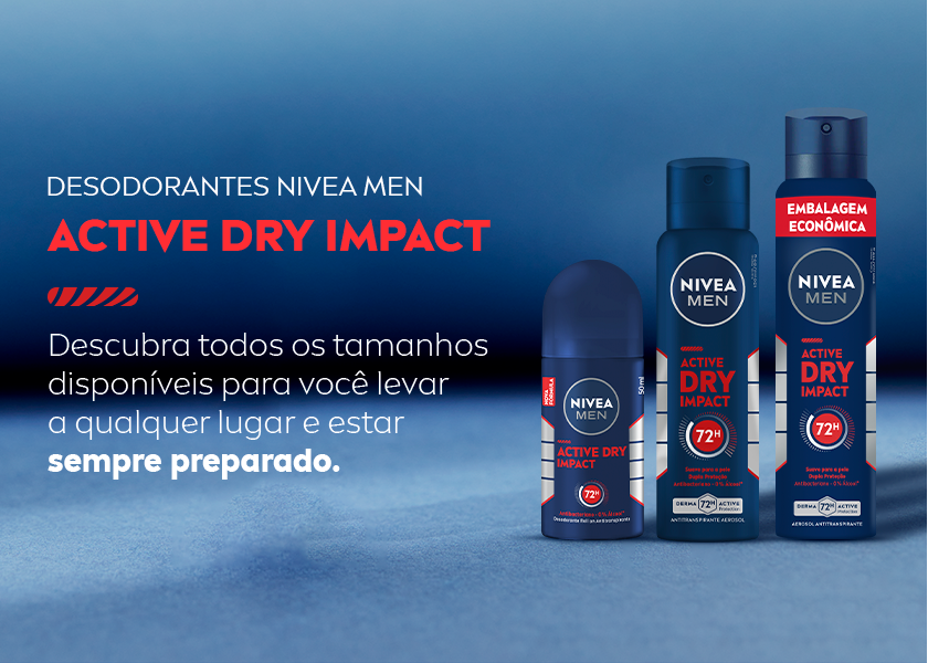 Linha de desodorantes NIVEA MEN Active Dry Impact em diferentes formatos: roll-on, aerossol e aerossol embalagem econômica. Todos os frascos estão sobre superfície azul com fundo em degradê.