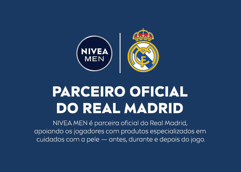 Na imagem, os logotipos da NIVEA MEN e do Real Madrid aparecem centralizados no topo, separados por uma linha vertical branca. Logo abaixo, em letras grandes e brancas, está escrito 
