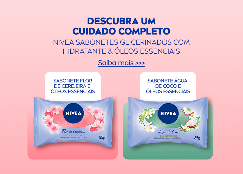 Imagem com sabonetes NIVEA Flor de Cerejeira e Água de Coco em embalagens coloridas sobre fundos rosa e verde.