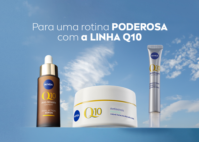 Quatro produtos da linha NIVEA Q10 (sérum, cremes e preenchedor) sobre fundo de céu azul claro.