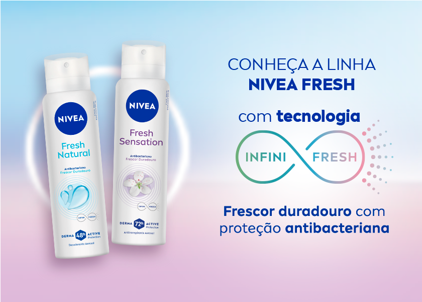 Fundo em azul claro com lilás. Dois produtos em destaque: NIVEA Fresh Natural e NIVEA Fresh Sensation, lado a lado.