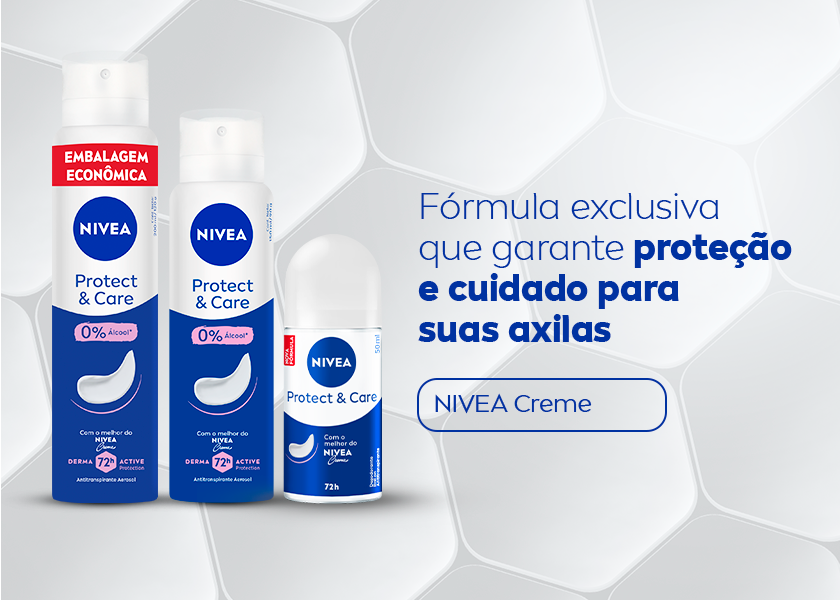 Fórmula exclusiva que garante proteção e cuidado para suas axilas NIVEA CREME Imagem dos três desodorantes NIVEA Protect & Care em um fundo branco com formas hexágonas.