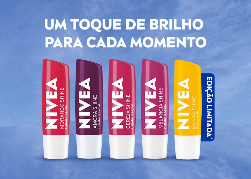 Fundo de céu azul. Ao centro, lado a lado, aparecem os produtos da linha Shine, com destaque para a edição limitada de Manga Shine.