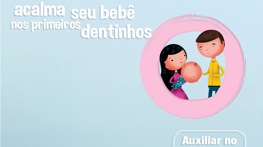 Na imagem, vemos uma ilustração carinhosa de uma família com um bebê, reforçando a proposta do medicamento homeopático Camilia. A comunicação destaca o alívio dos sintomas da dentição infantil com suavidade e segurança, trazendo conforto para o bebê e tranquilidade para os pais