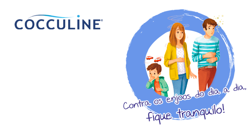 Ilustração de um homem, uma mulher e uma criança com expressões de enjoo, cercados por elementos gráficos como ônibus e estrelas. Ao lado, o texto destaca os benefícios do Cocculine: prevenção e alívio de náuseas, natural, sem sonolência e indicado para todas as idades.