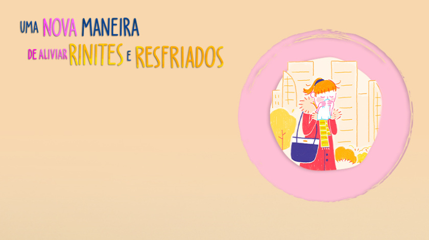 Na imagem, vemos uma ilustração de uma pessoa espirrando em um lenço, em um cenário urbano com árvores e prédios ao fundo, reforçando o contexto de uso do medicamento homeopático Coryzalia. A comunicação destaca o alívio dos sintomas de rinite e resfriado com segurança e praticidade para todas as idades.