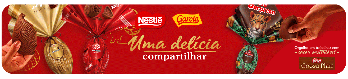 Imagens de ovos de Páscoa e chocolates Nestlé e Garoto.  Texto central: “Uma delícia compartilhar” e selo Cocoa Plan sobre cacau sustentável.