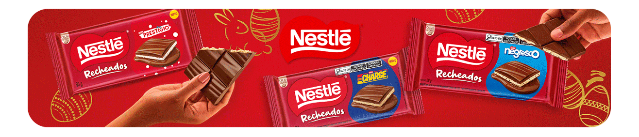 Imagens dos produtos das linhas Nestlé e Garoto Recheados, com barras de chocolate e diferentes sabores sobre fundos vermelho e amarelo