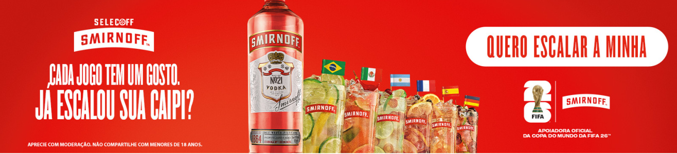 Banner com o texto 'Celebrar merece um sabor especial'. A imagem mostra garrafas e drinks de Tanqueray, Smirnoff, Johnnie Walker Red Label e Old Parr. Abaixo, o botão 'Descubra produtos para celebrar'