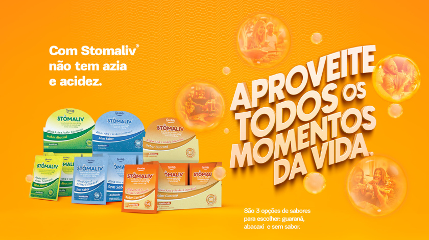 Aproveite todos os momentos da vida, com Stomaliv® não tem azia e acidez. imagem dos sachês de Stomaliv na caixa nos sabores: guaraná, abacaxi e sem sabor.