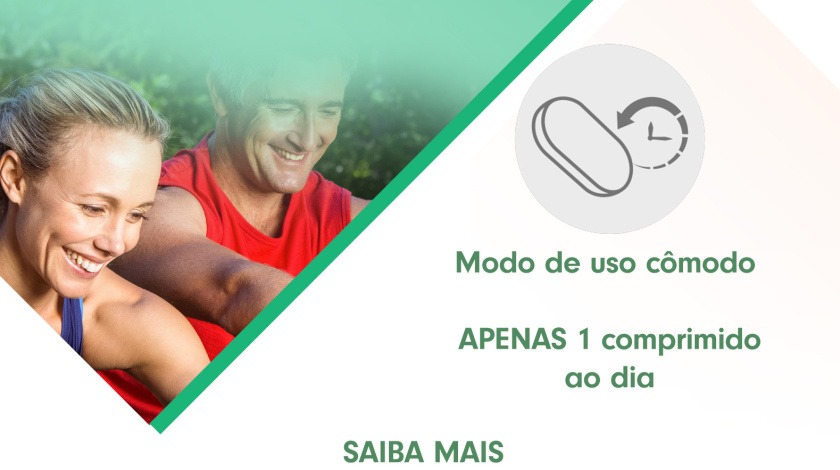 Imagem de um casal sorrindo e ao lado uma ilustração de cápsula de compromido com um relógio.